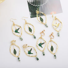 Load image into Gallery viewer, Retro Mori Style Green Bird Earrings Geometric Leaf Ear Clip
