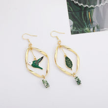 Load image into Gallery viewer, Retro Mori Style Green Bird Earrings Geometric Leaf Ear Clip
