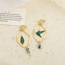 Load image into Gallery viewer, Retro Mori Style Green Bird Earrings Geometric Leaf Ear Clip
