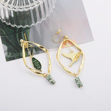 Load image into Gallery viewer, Retro Mori Style Green Bird Earrings Geometric Leaf Ear Clip
