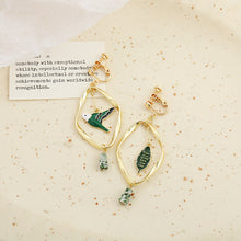 Load image into Gallery viewer, Retro Mori Style Green Bird Earrings Geometric Leaf Ear Clip
